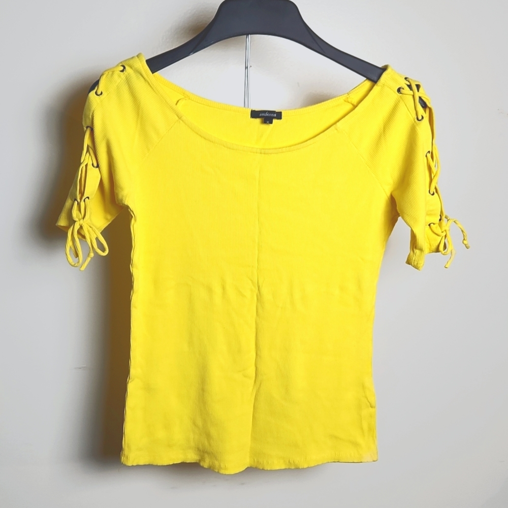 Ambiance Yellow 3/4 Lace up sleeves boat neck Size XL